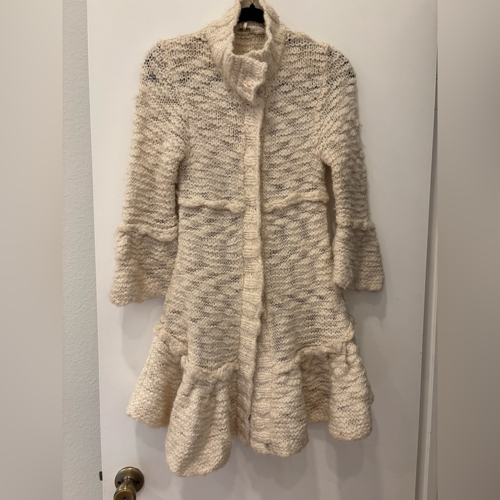 Free People Chunky Textured Knit Ruffled Flared Sleeves High Collar Cardigan